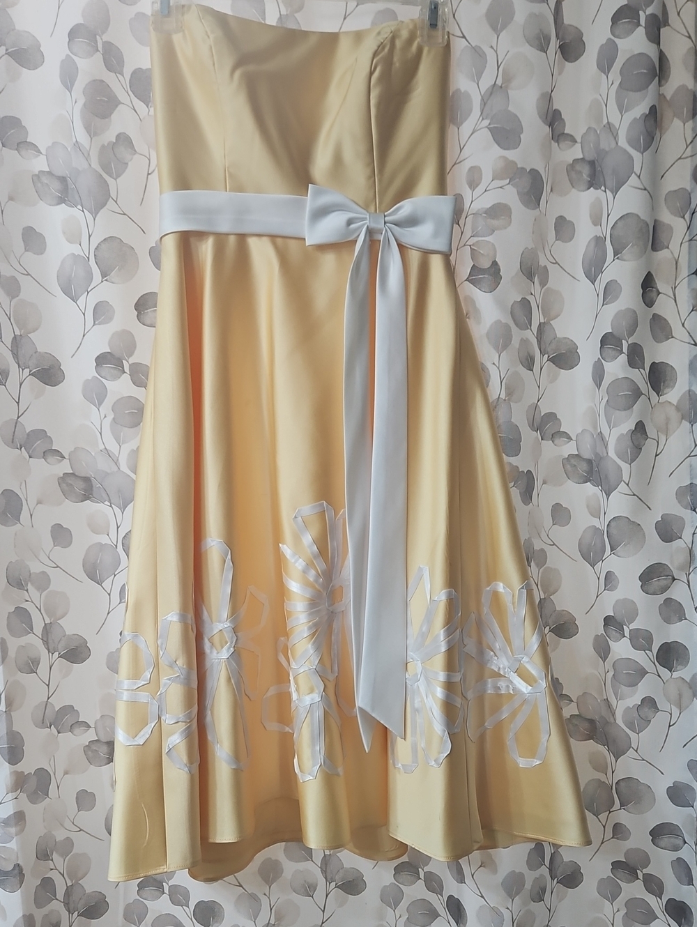 Strapless Yellow Satin Cocktail Dress with White Bow And Satin Flower Detailing